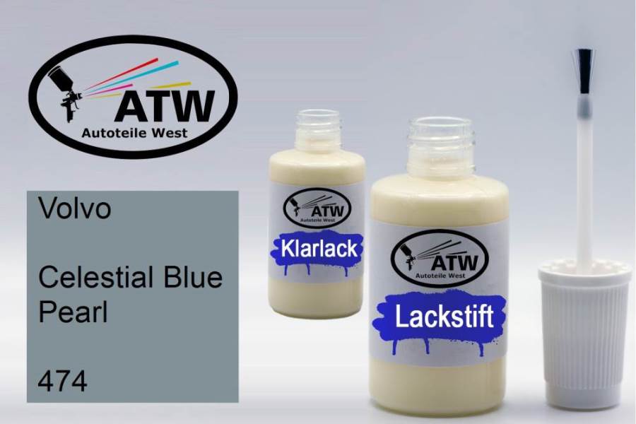 Volvo, Celestial Blue Pearl, 474: 20ml Lackstift + 20ml Klarlack - Set, von ATW Autoteile West.